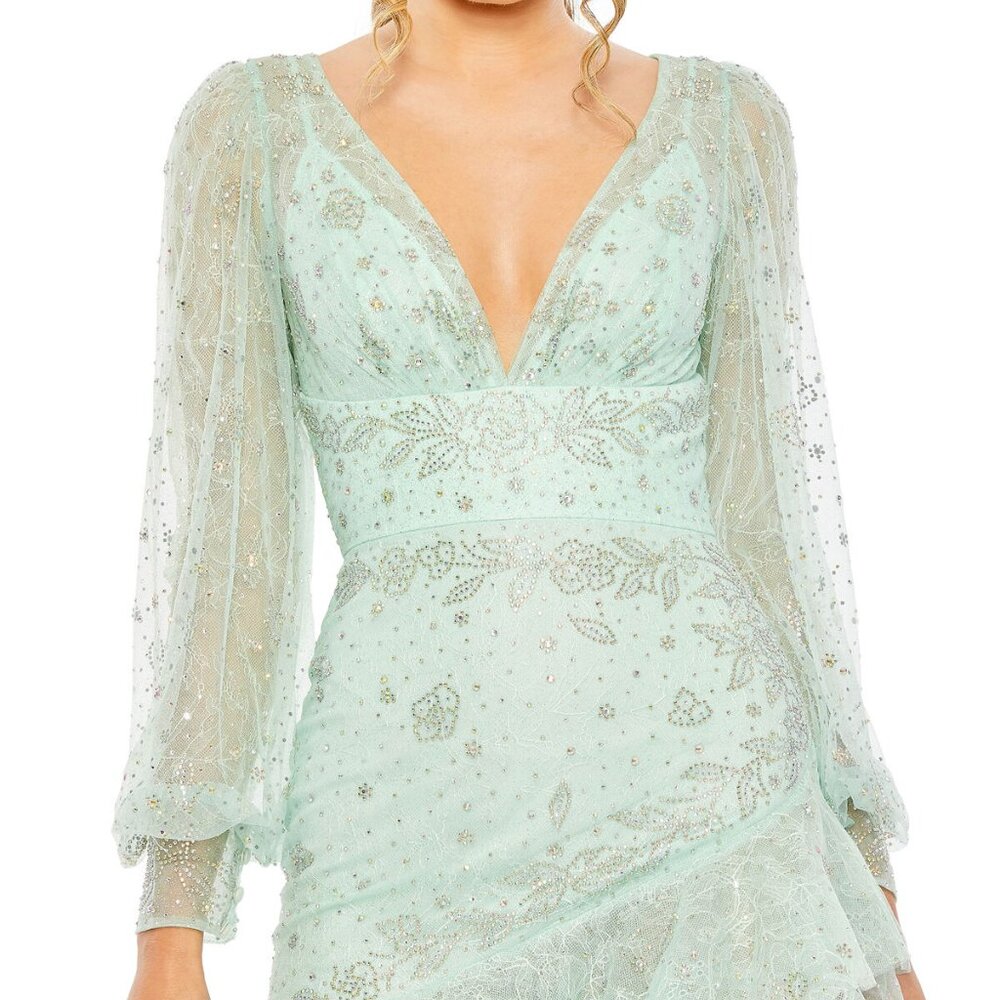 Mac Duggal Green V Neck Empire Sleeve High Low Dress Size 12 - Picture 2 of 3